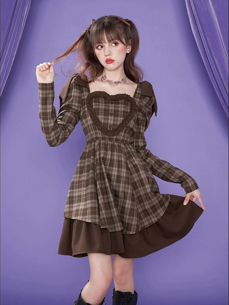 Kawaii Lolita Dress Preppy Style Ruffles Patchwork Long Sleeve Plaid Dresses Elegant Vintage Puff Sleeve Square Collar